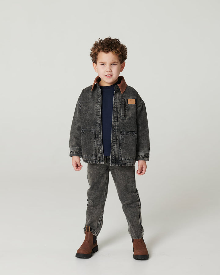 Denim Jacket w. Corduroy Collar - Washed Dk. Grey Brown w. Dk Brown Corduroy Collar