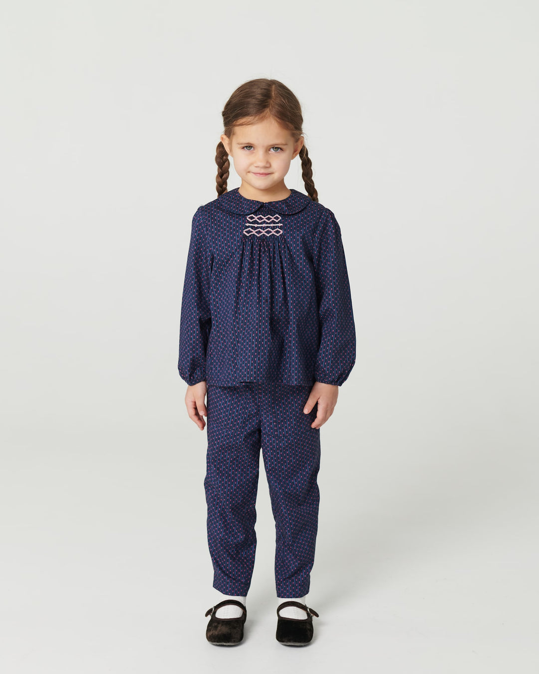 Printed Blouse w. Collar & Handmade Smock Emb. - Navy Flower Aop