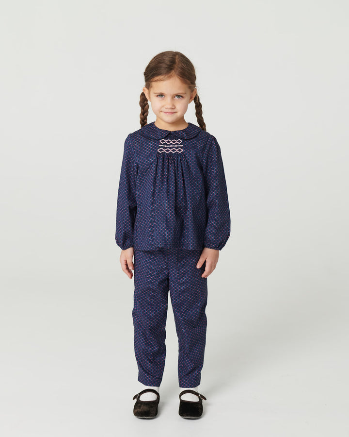Printed Blouse w. Collar & Handmade Smock Emb. - Navy Flower Aop