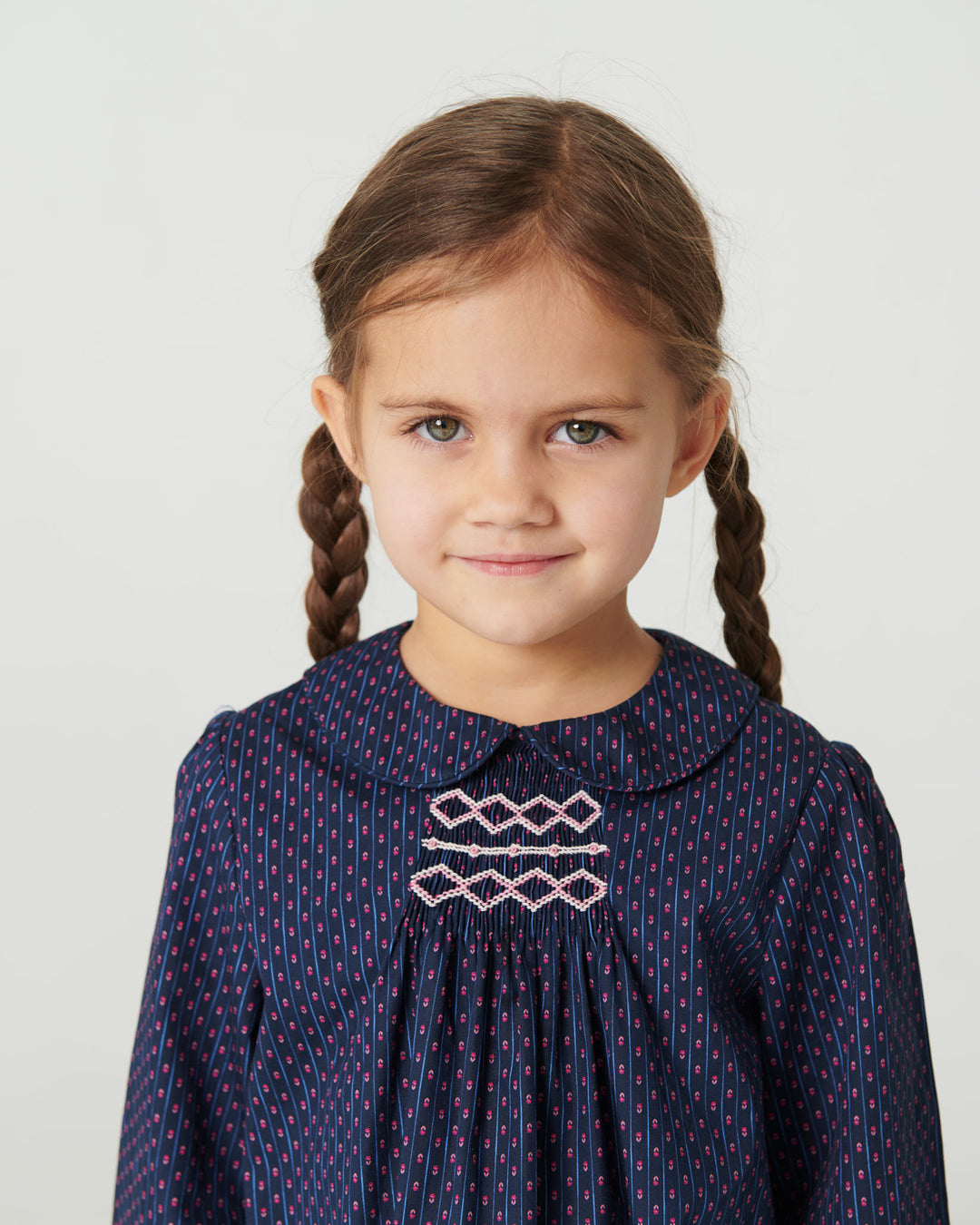 Printed Blouse w. Collar & Handmade Smock Emb. - Navy Flower Aop