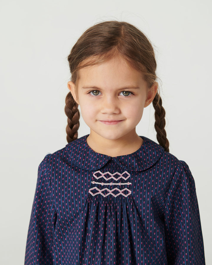 Printed Blouse w. Collar & Handmade Smock Emb. - Navy Flower Aop