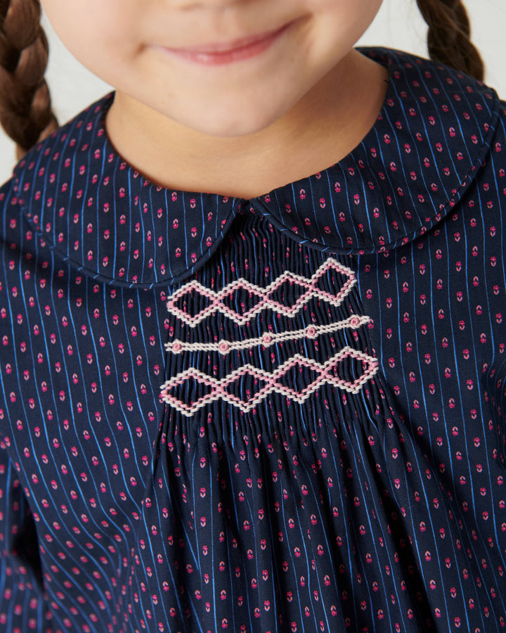Printed Blouse w. Collar & Handmade Smock Emb. - Navy Flower Aop