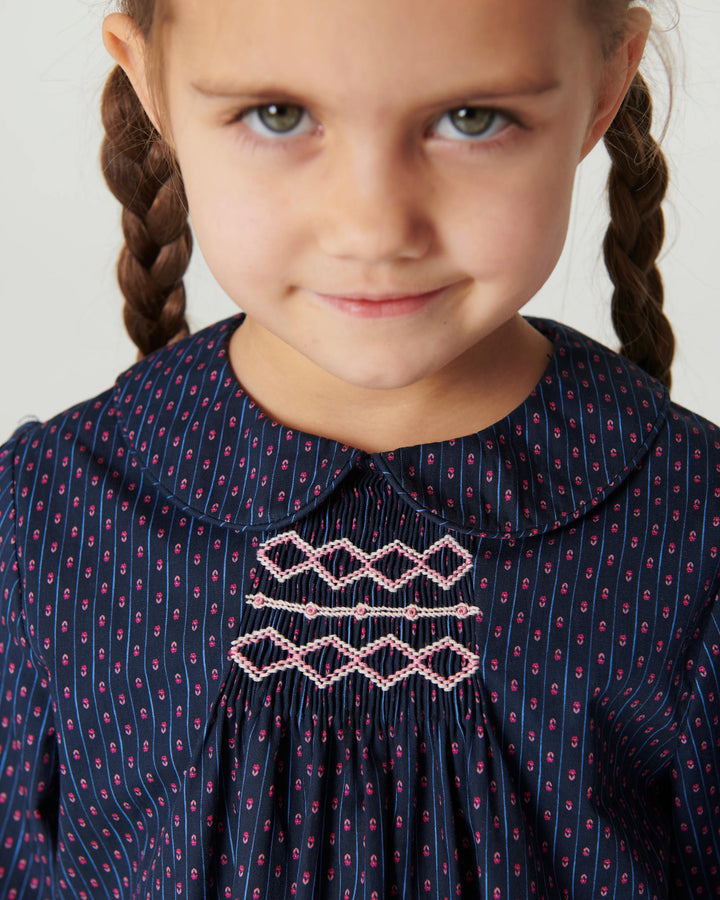 Printed Blouse w. Collar & Handmade Smock Emb. - Navy Flower Aop