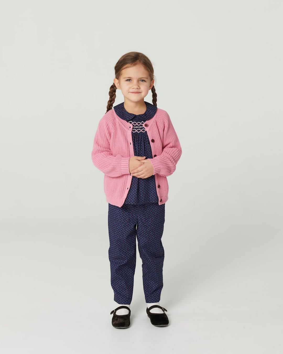 Printed Blouse w. Collar & Handmade Smock Emb. - Navy Flower Aop