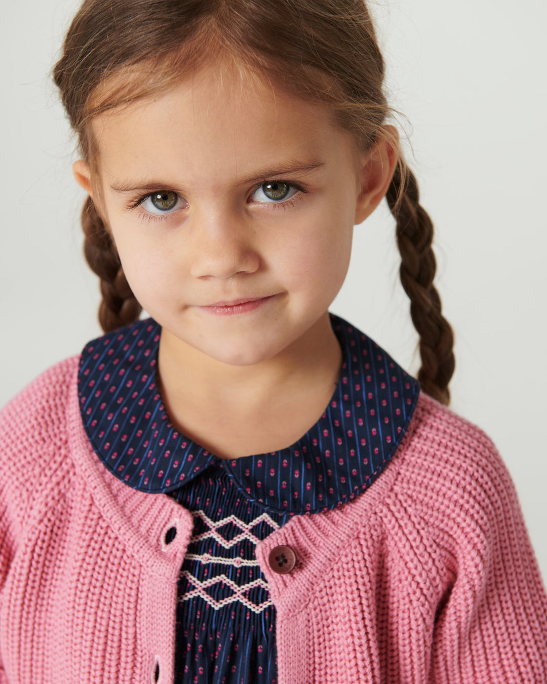 Printed Blouse w. Collar & Handmade Smock Emb. - Navy Flower Aop