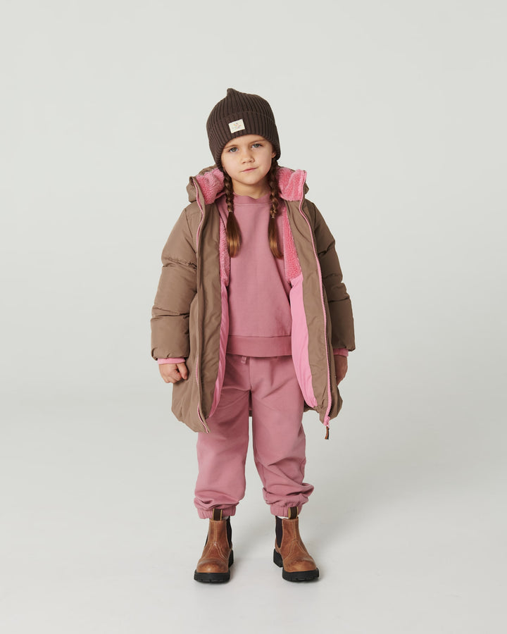 Puffer Long Frill Jacket w. Teddy Lining - Walnut