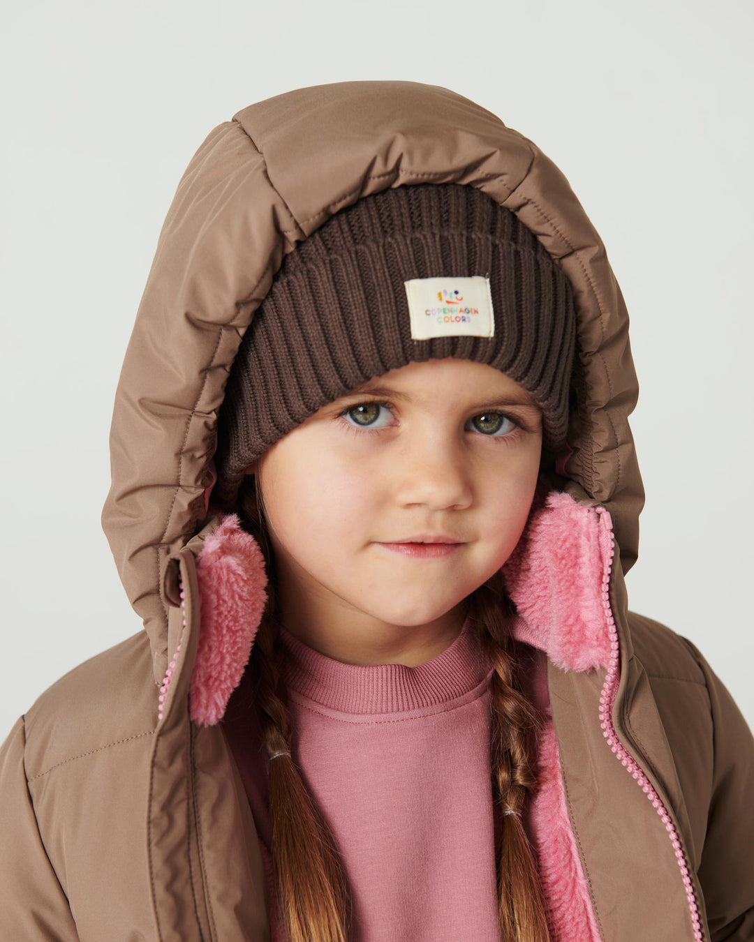 Puffer Long Frill Jacket w. Teddy Lining - Walnut