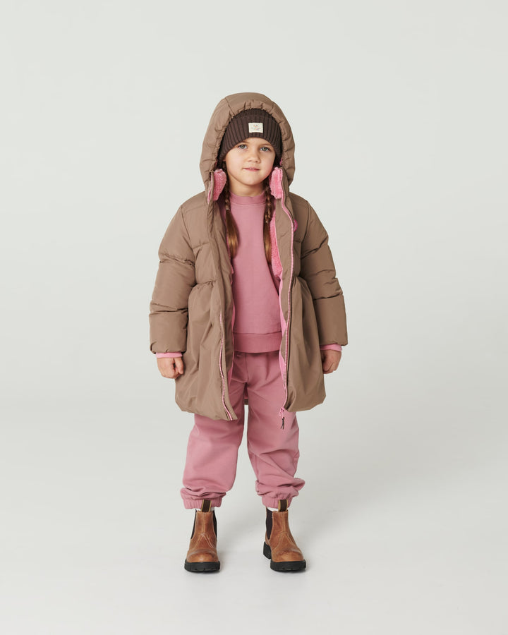 Puffer Long Frill Jacket w. Teddy Lining - Walnut
