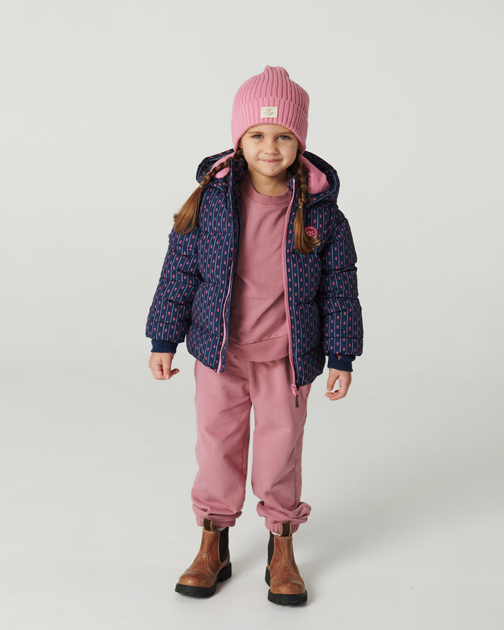 2 in 1 Puffer Jacket w. Removable Sleeves - Navy Flower Aop