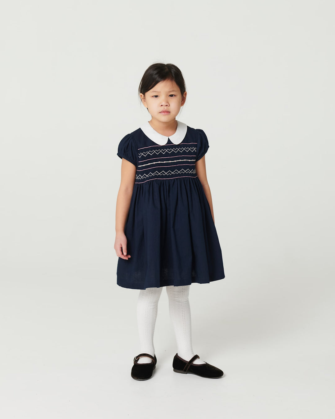 Dress w. Handmade Smock Embroidery - Navy Comb.