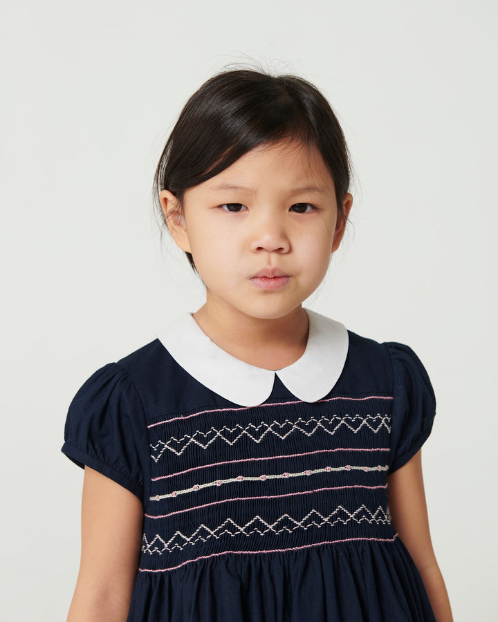 Dress w. Handmade Smock Embroidery - Navy Comb.
