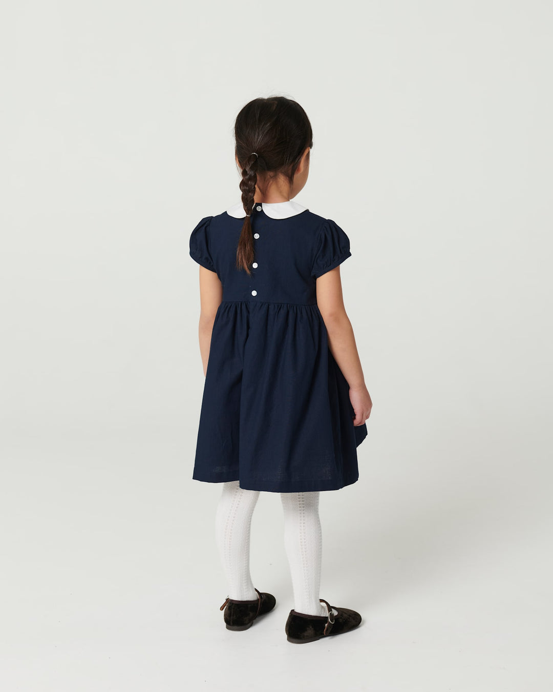 Dress w. Handmade Smock Embroidery - Navy Comb.