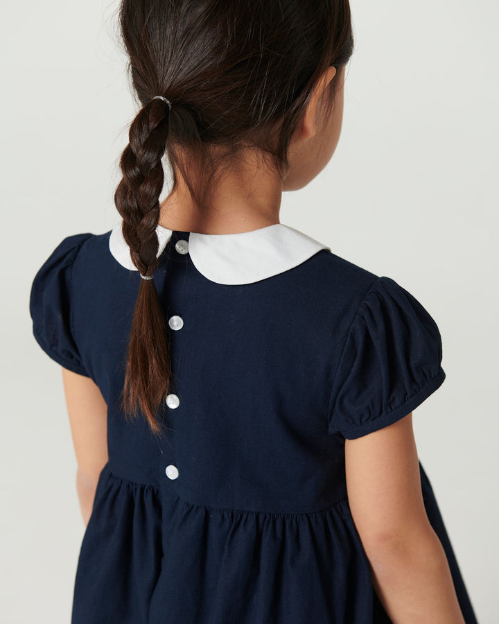 Dress w. Handmade Smock Embroidery - Navy Comb.