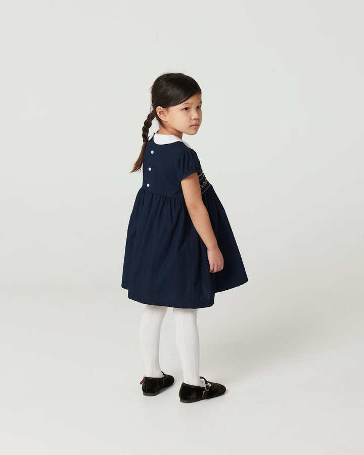 Dress w. Handmade Smock Embroidery - Navy Comb.