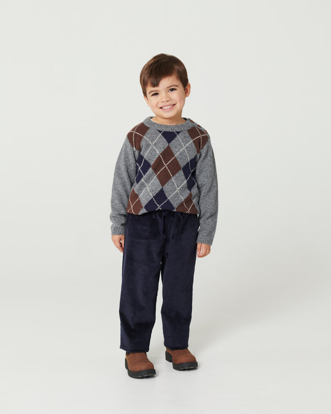 Argyle Knitted Pullover - Grey Mel./Dk. Brown/Navy Comb.