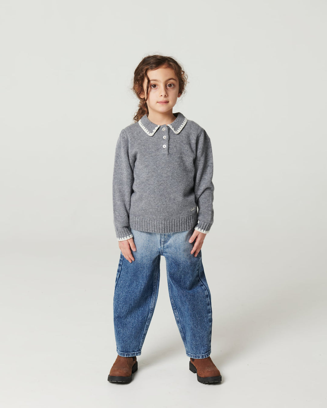 Cashmere Blouse w. Collar & Blanket Stitch - Grey Melange Comb.