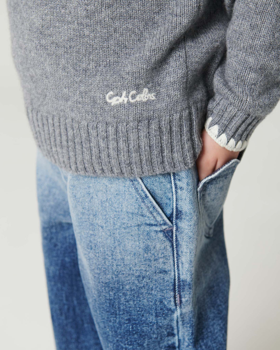 Cashmere Blouse w. Collar & Blanket Stitch - Grey Melange Comb.