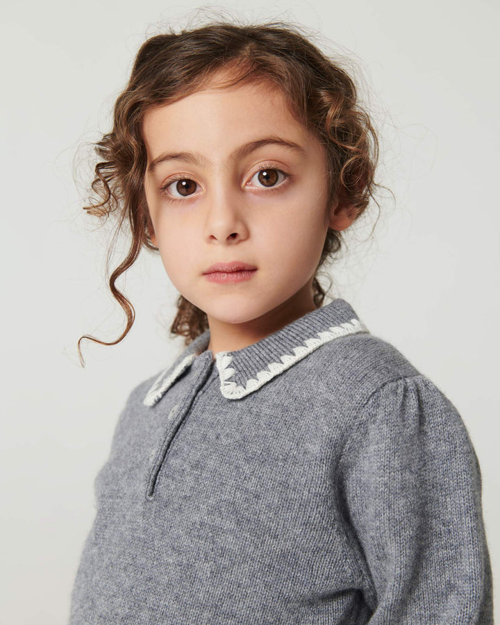 Cashmere Blouse w. Collar & Blanket Stitch - Grey Melange Comb.