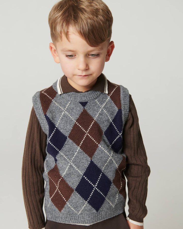 Argyle Knitted Vest - Grey Mel./Dk. Brown/Navy Comb.