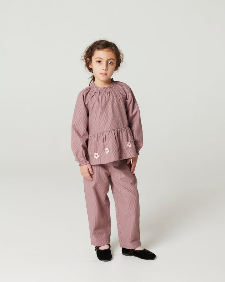 Blouse w. Flower Embroidery - Winter Rose Check Comb.