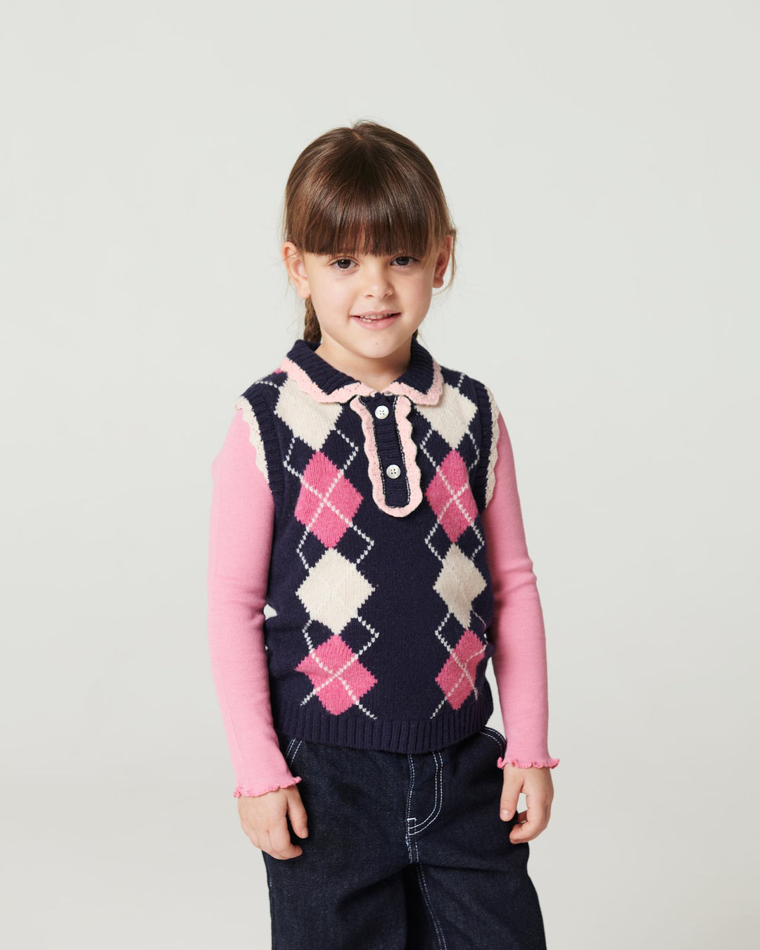 Argyle Vest w. Deco - Navy/Soft Pink/Blossom Pink Comb.