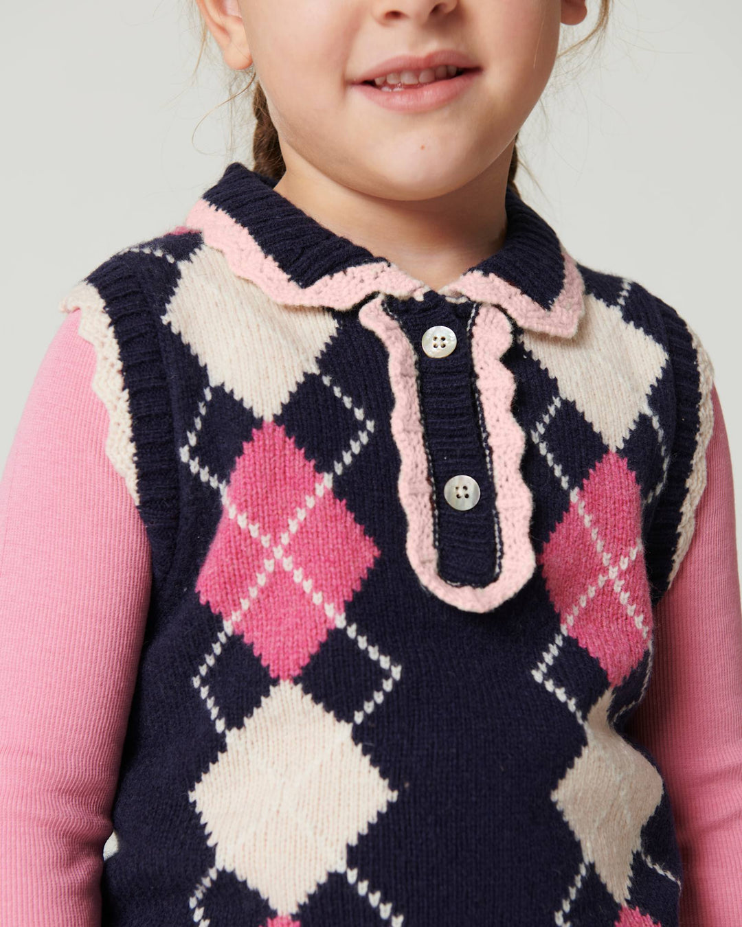 Argyle Vest w. Deco - Navy/Soft Pink/Blossom Pink Comb.