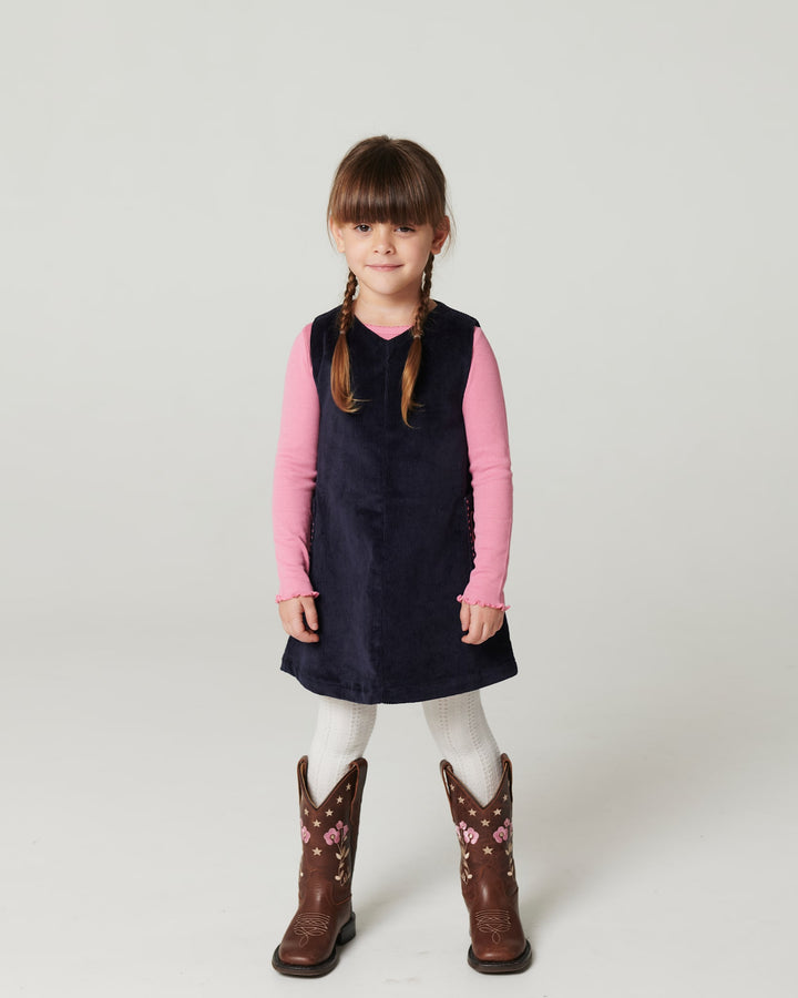 Corduroy Dress w. Embroidery - Navy