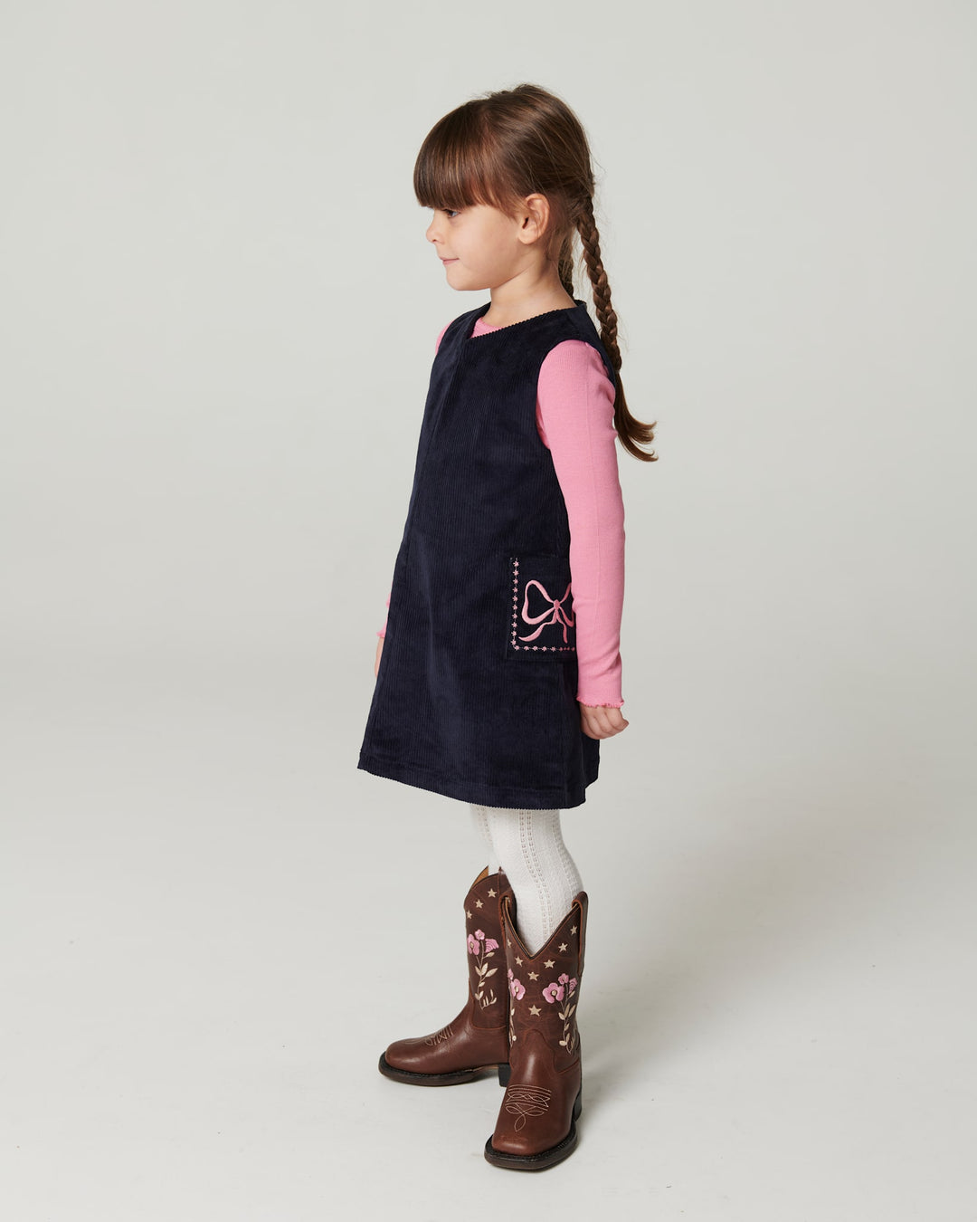 Corduroy Dress w. Embroidery - Navy