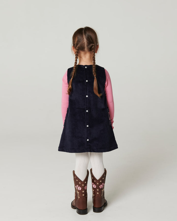 Corduroy Dress w. Embroidery - Navy