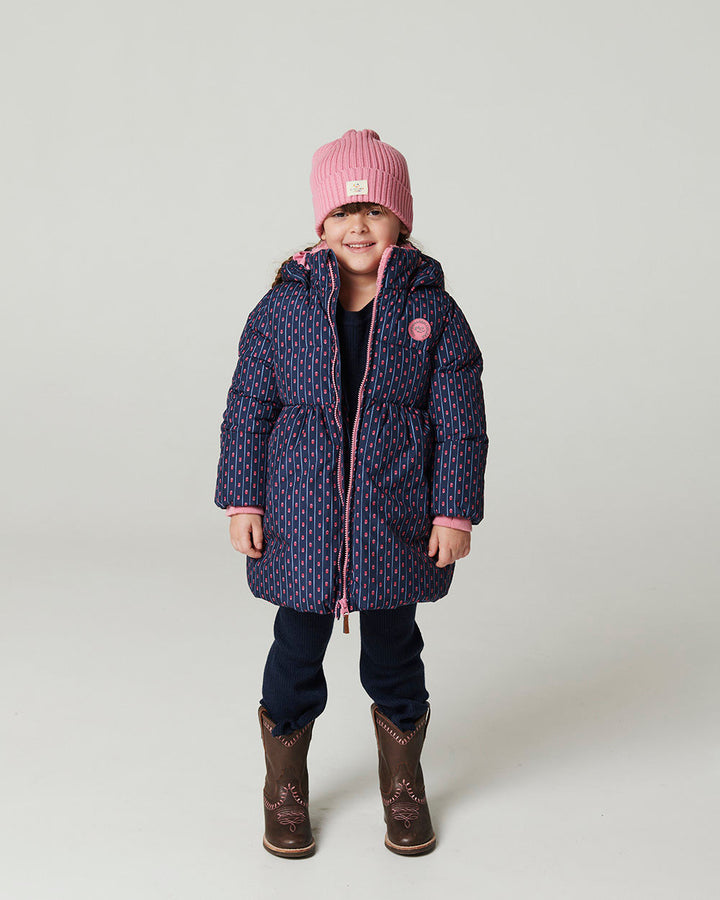 Puffer Long Frill Jacket w. Teddy Lining - Navy Flower Aop