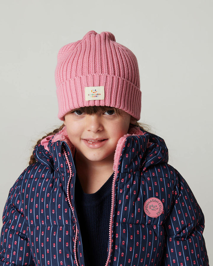 Puffer Long Frill Jacket w. Teddy Lining - Navy Flower Aop