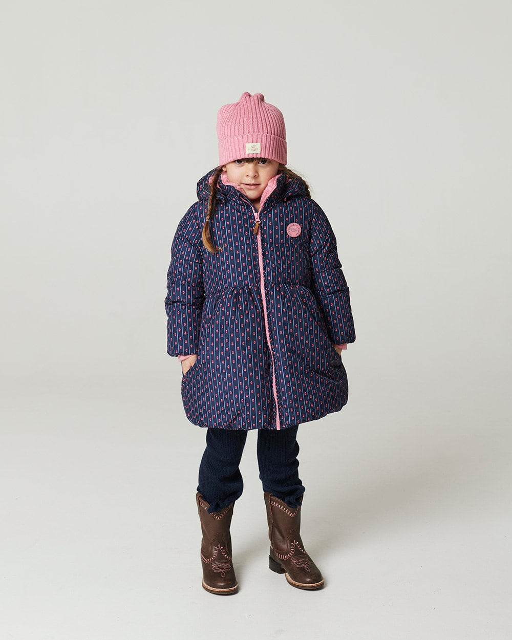 Puffer Long Frill Jacket w. Teddy Lining - Navy Flower Aop