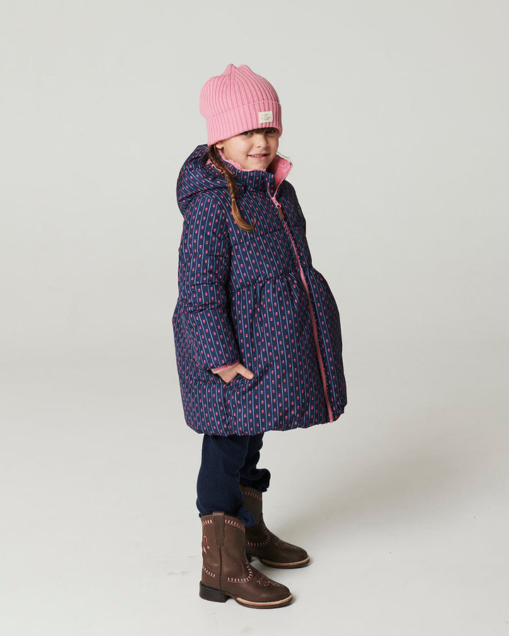 Puffer Long Frill Jacket w. Teddy Lining - Navy Flower Aop