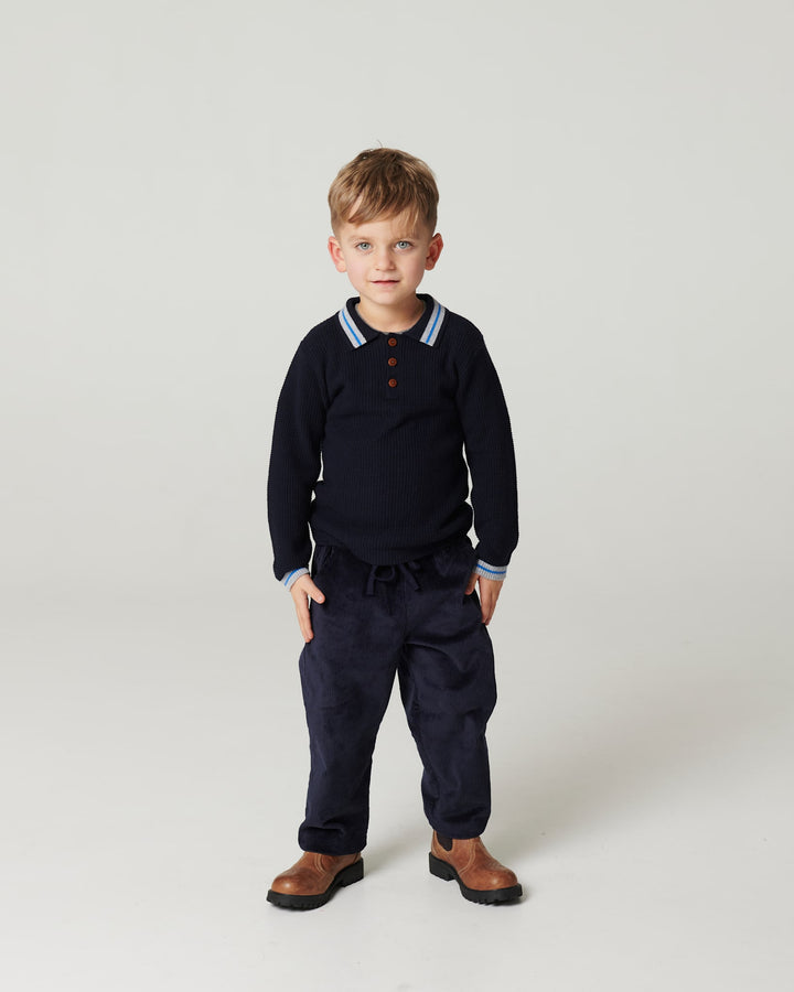 Long-Sleeved Knitted Waffle Polo - Navy Comb.