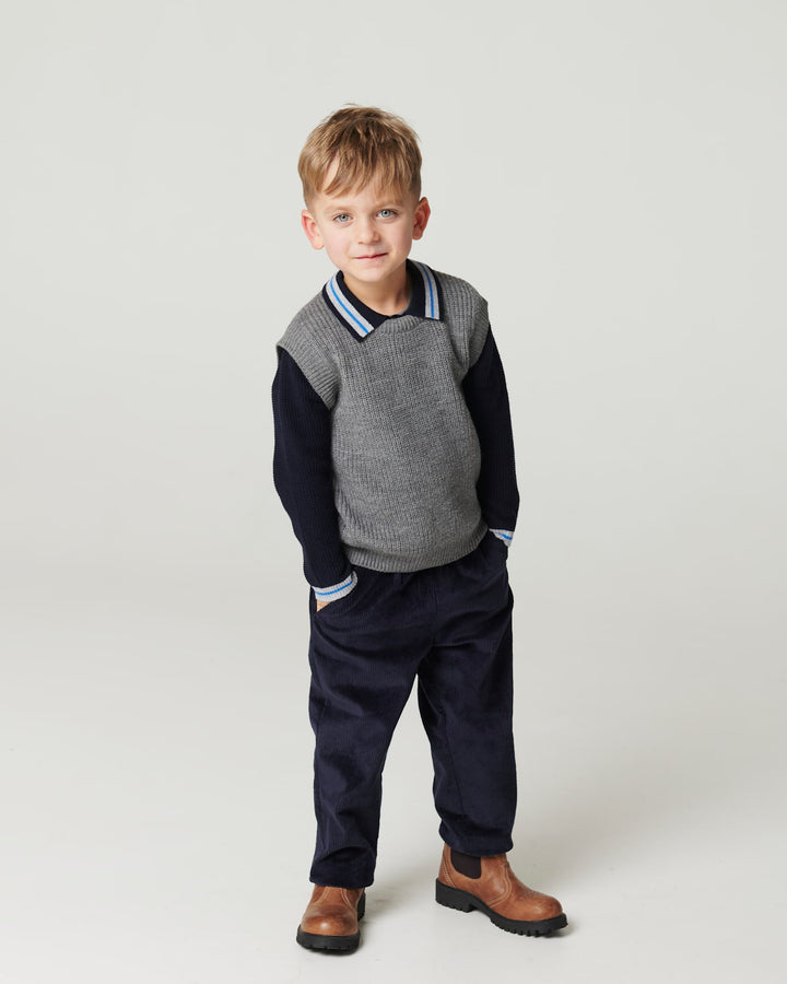 Long-Sleeved Knitted Waffle Polo - Navy Comb.