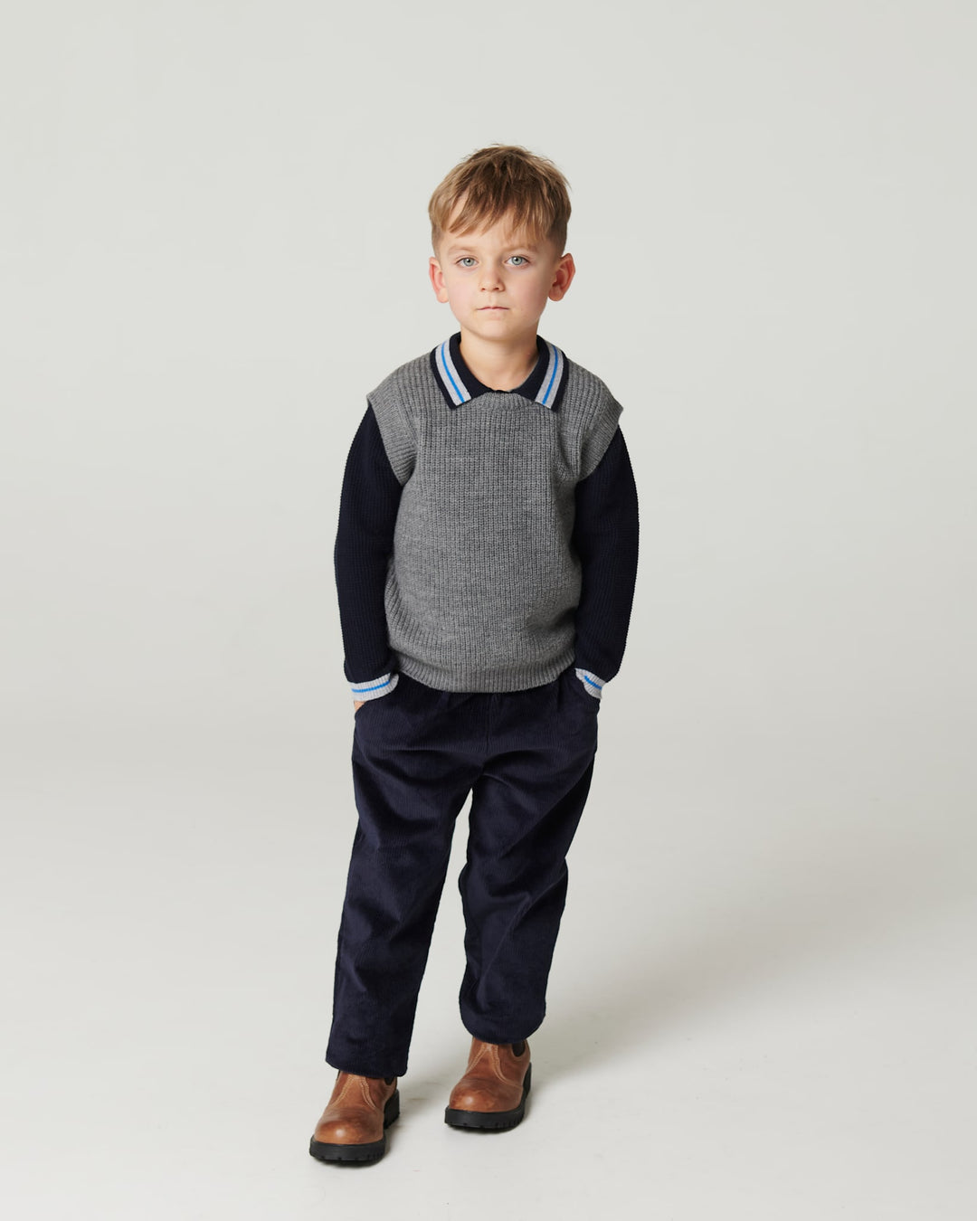 Long-Sleeved Knitted Waffle Polo - Navy Comb.