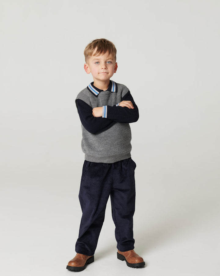 Long-Sleeved Knitted Waffle Polo - Navy Comb.