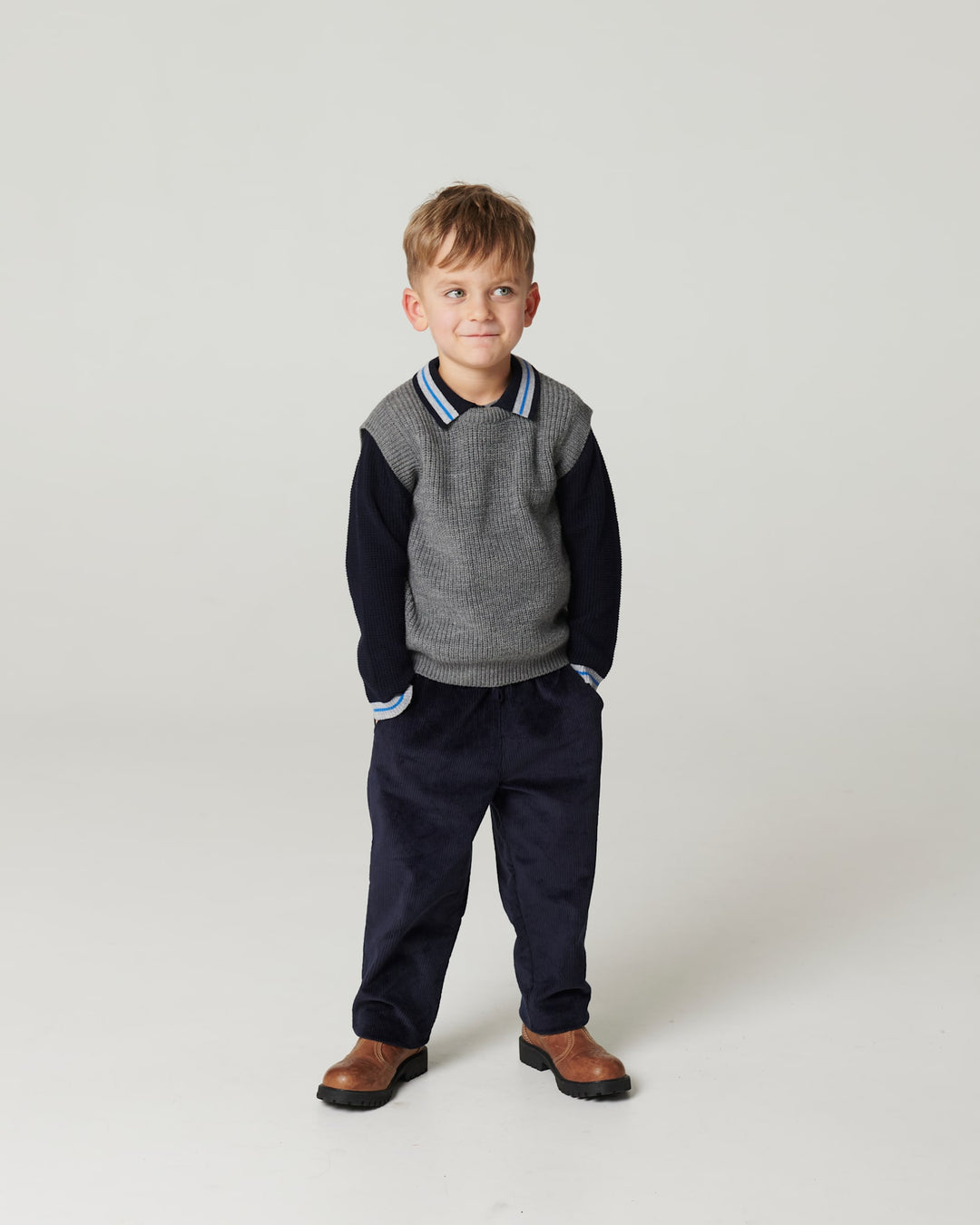 Long-Sleeved Knitted Waffle Polo - Navy Comb.