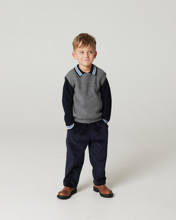 Long-Sleeved Knitted Waffle Polo - Navy Comb.