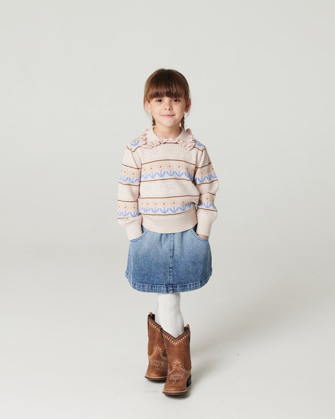 Knitted Collar Blouse w. Pointelle & Pattern - Beige Comb.