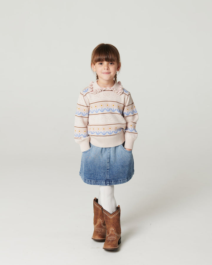 Knitted Collar Blouse w. Pointelle & Pattern - Beige Comb.