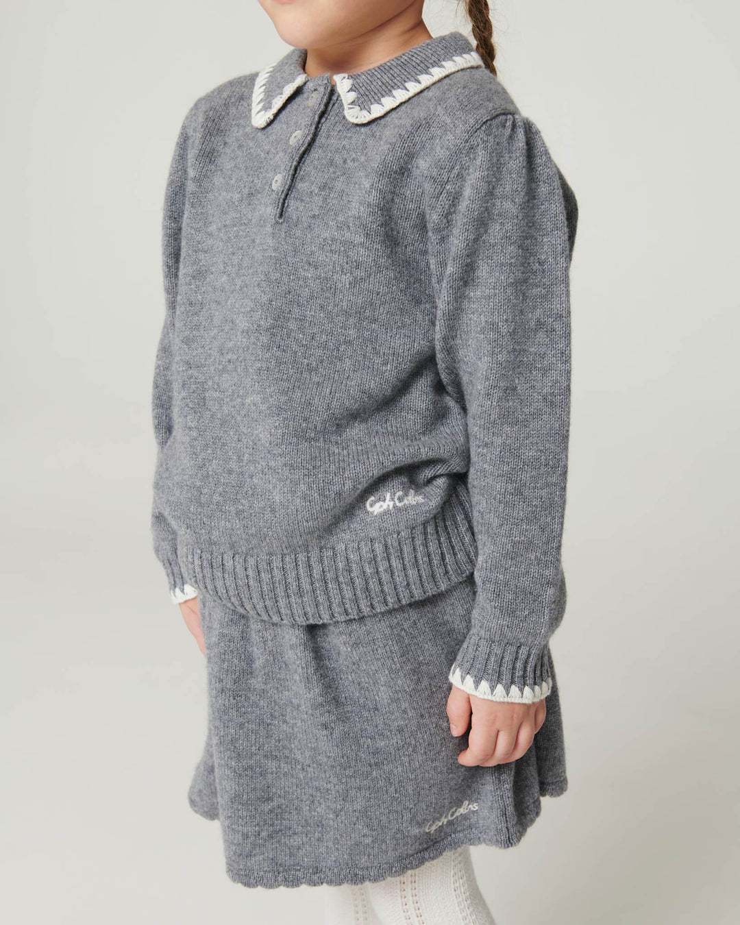 Cashmere Blouse w. Collar & Blanket Stitch - Grey Melange Comb.