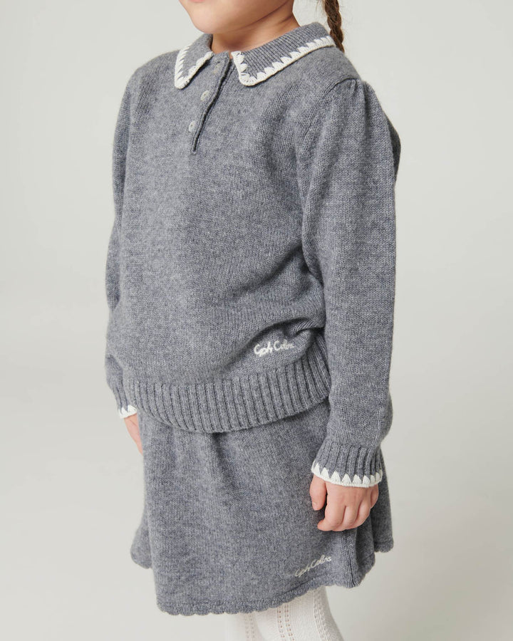 Cashmere Blouse w. Collar & Blanket Stitch - Grey Melange Comb.