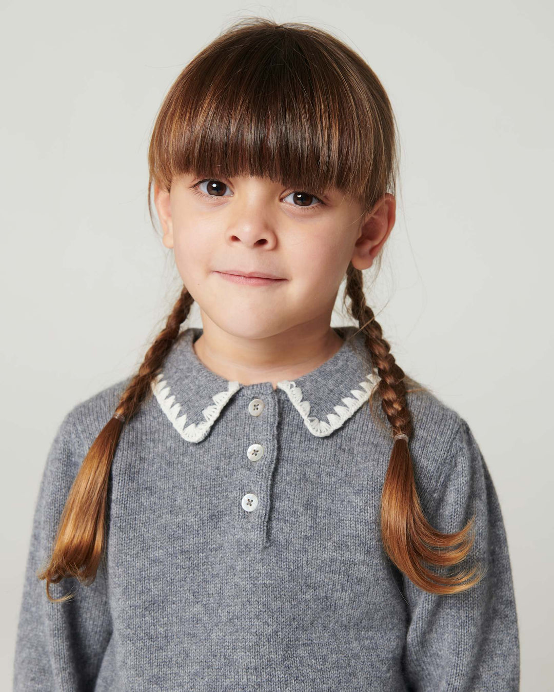 Cashmere Blouse w. Collar & Blanket Stitch - Grey Melange Comb.