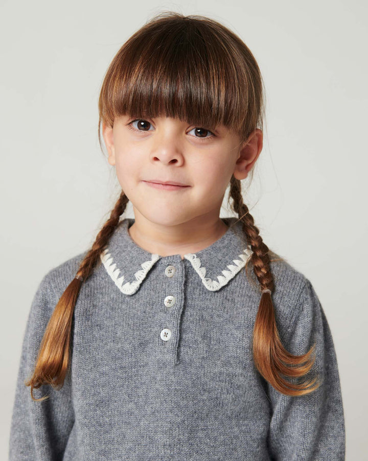 Cashmere Blouse w. Collar & Blanket Stitch - Grey Melange Comb.