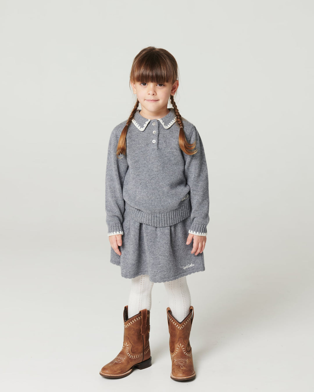 Cashmere Blouse w. Collar & Blanket Stitch - Grey Melange Comb.
