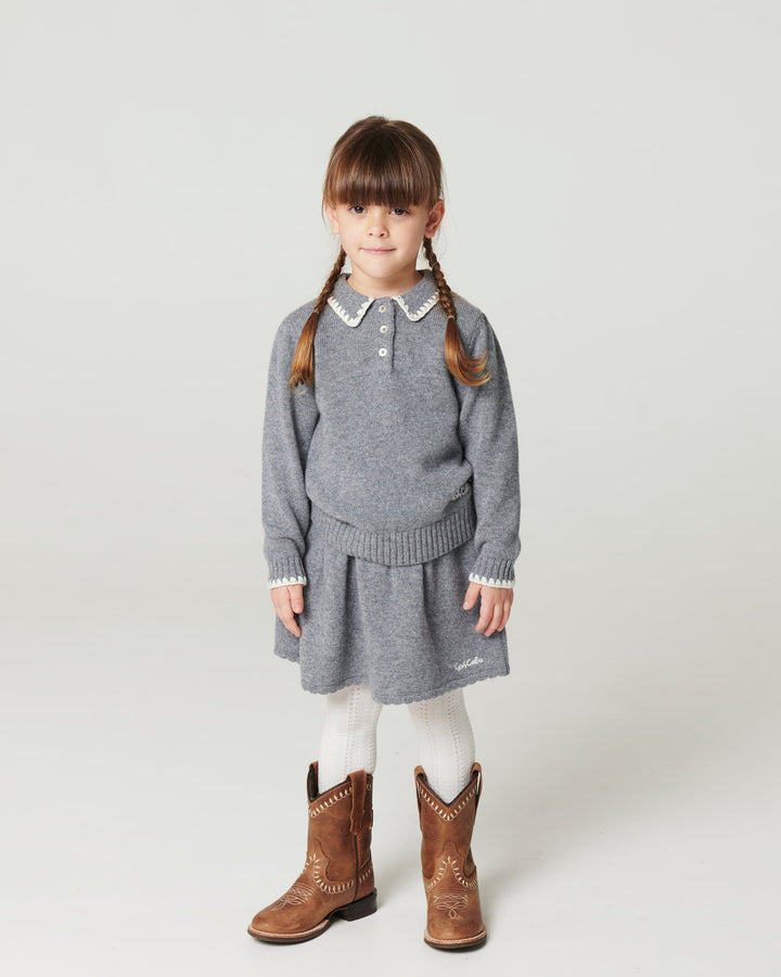 Cashmere Blouse w. Collar & Blanket Stitch - Grey Melange Comb.