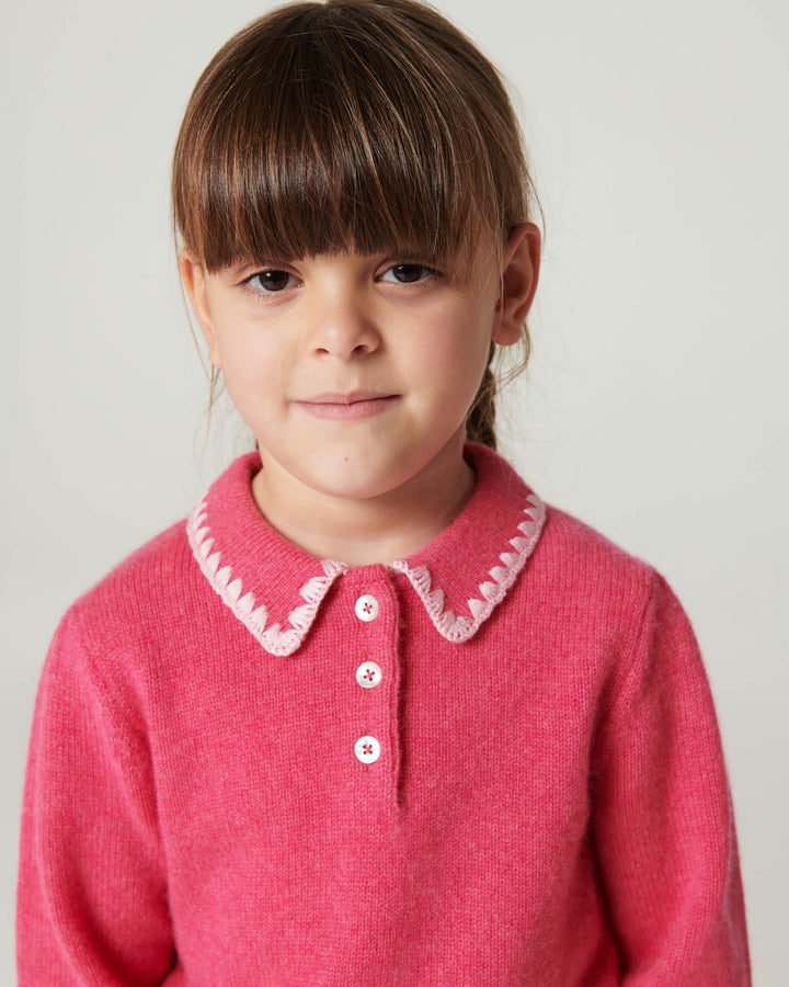 Cashmere Blouse w. Collar & Blanket Stitch - Fuschsia Comb.
