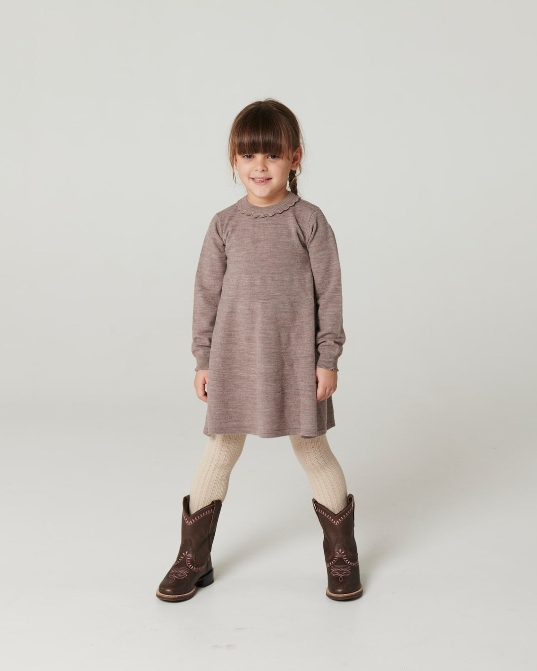Classic Merino Dress w. Deco Neck - Natural Melange