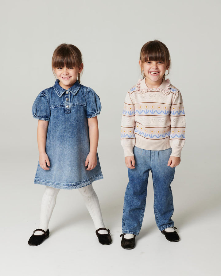 FRILL DENIM PANTS W. BOW - BLOCK SPRAY